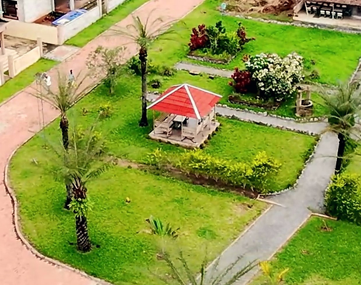 Le jardin et son kiosque rouge entre les palmiers